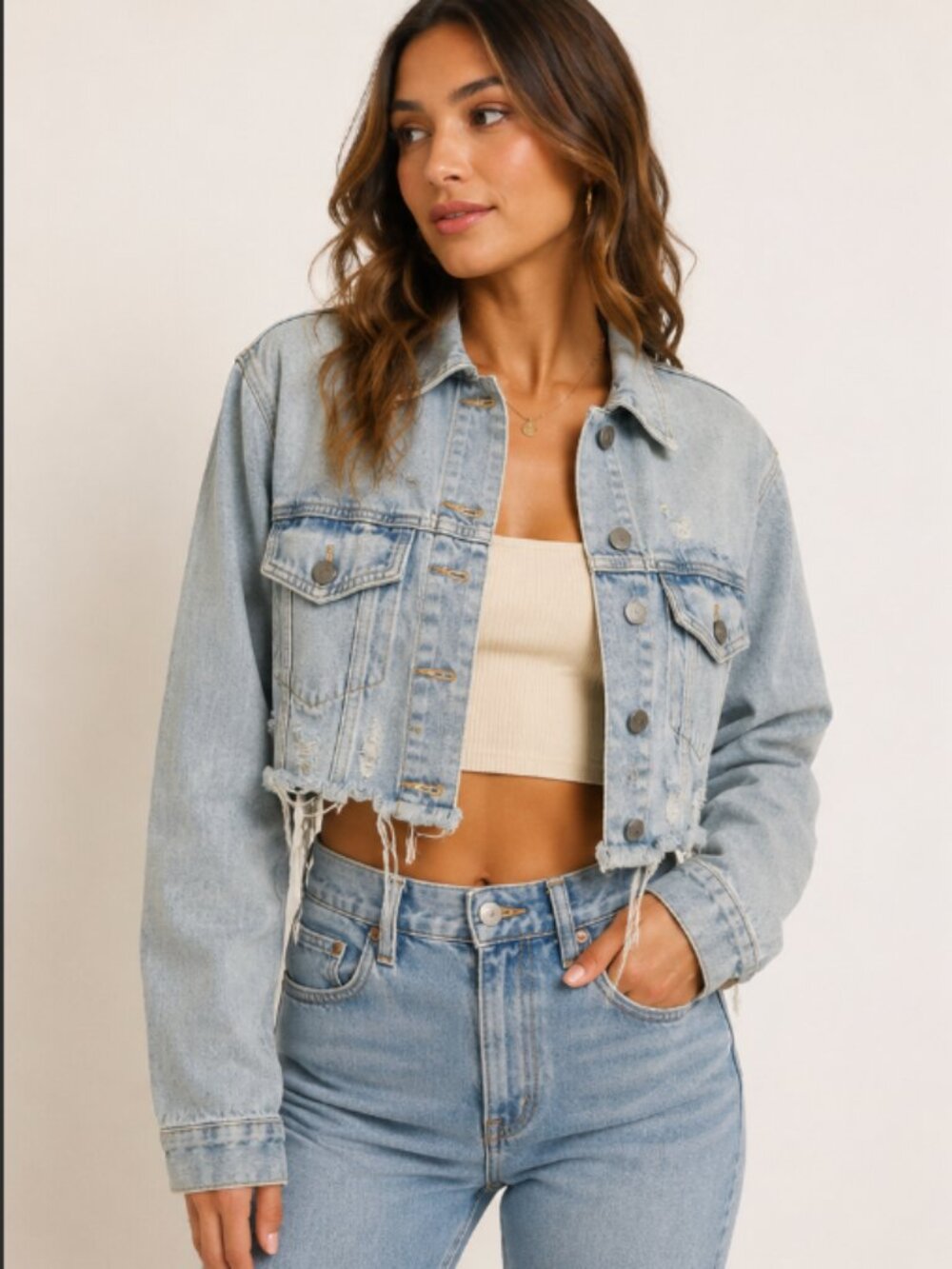 Distressed Cropped Light Wash Denim Jacket M